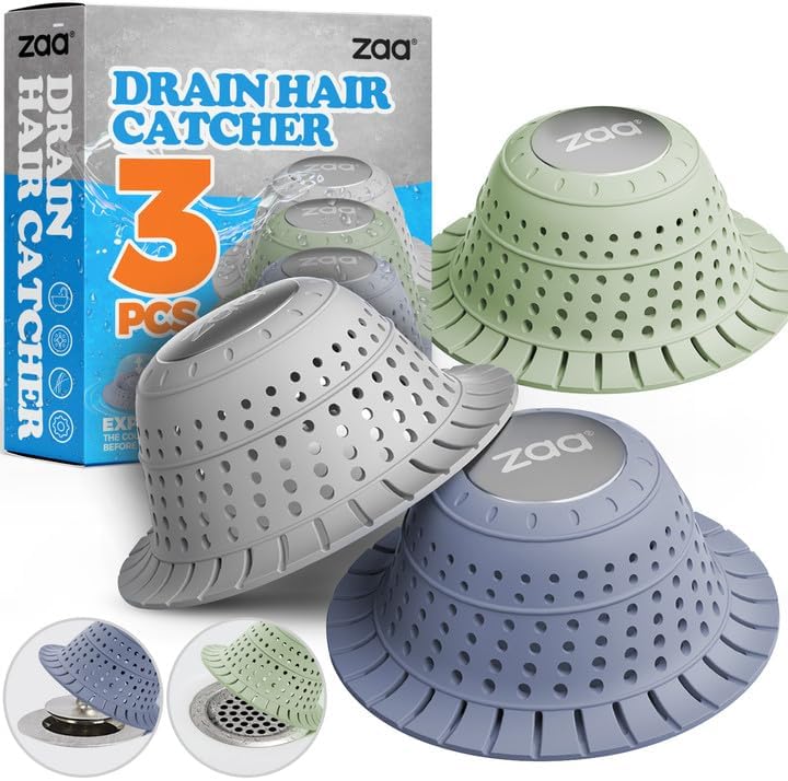 zaa Bathtub Drain Hair Catcher, Silicone Collapsible 3 Pack Drain Protector for Pop-Up and Regular Drains of Shower, Bathtub, Tub, Bathroom, Sink, Green Grey Blue - Image 1